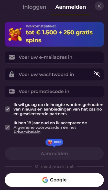 Zumospin-aanmeldformulier met e-mailveld, wachtwoord, promotiecode en een welkomstpakket tot €1.500 plus 250 gratis spins